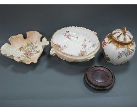 A Royal Worcester Porcelain Old Ivory Melon Shaped Pot Pourri Vase, Liner and Outer Covers, printed and painted with flowers,