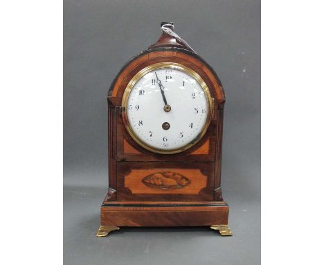 A Mid Victorian Mahogany Cased Mantle Clock, with inlaid shell and line motifs with reeded sides and raised on brass feet, th