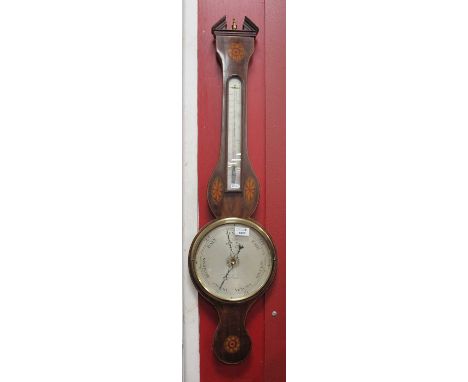 A XIX Century Inlaid Mahogany Two Dial Barometer, with broken pediment and batwing inlay, the silvered dial with thermometer 