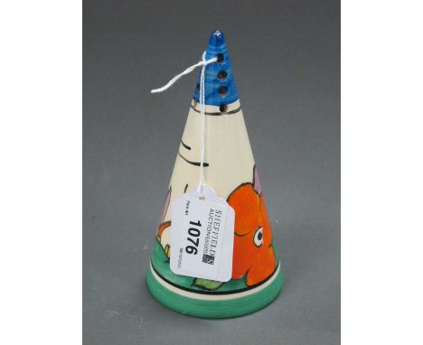 A Newport Pottery Clarice Cliff Conical Sugar Caster, painted in the 'Landscape and Flower' pattern within green and blue ban