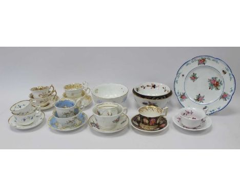 A Collection of Mid XIX Century Porcelain Teawares, to include; five trio's, two teacups and saucers, a plate and three sugar
