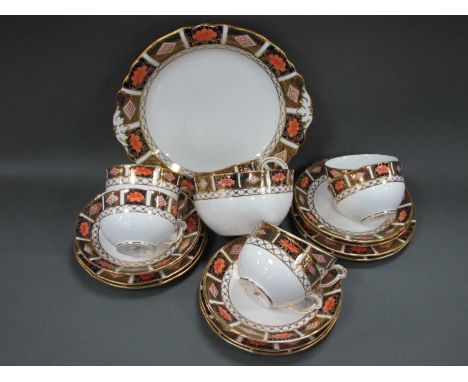 A Royal Crown Derby Porcelain Tea Service, decorated with Imari pattern 8450 borders, date code for 1920-30's, printed marks,