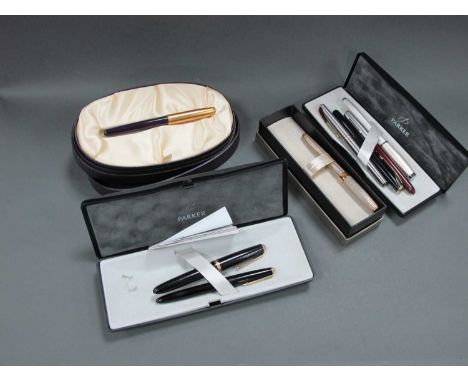 A Parker 'Accession The Queen Golden Jubilee' Fountain Pen, cased; A Parker 'Sonnet' Fountain Pen, in an engraved case and 18