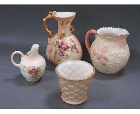 A Royal Worcester Porcelain Coral Handled Jug, the blush ivory ground printed and painted with flowers, shape number 1507, da