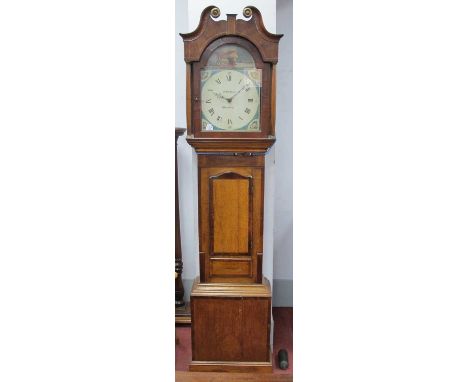 An Early XIX Century Oak and Mahogany Longcase Clock, the white painted arched dial with Roman numerals and inscribed 'W. Sim