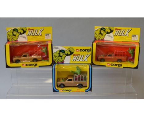 Three boxed Corgi Toys, different colour variations of the  264 'The Incredible Hulk' Mazda Pick-Up Truck including the dark 