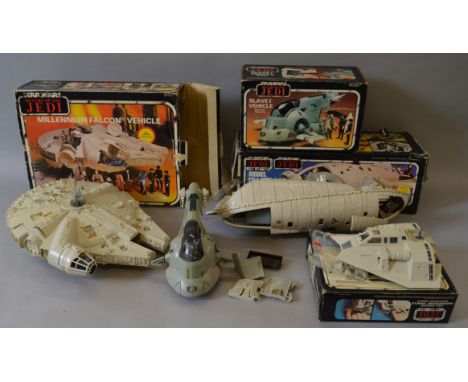Four Kenner Star Wars Return of the Jedi vehicles: Millennium Falcon; Rebel Transport; Slave I; Rebel Armoured Snowspeeder. F