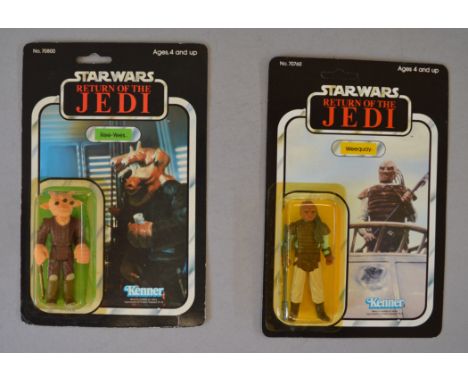 Two Kenner Star Wars Return of the Jedi 3 3/4" action figures, both on 77 back cards: Weequay (VG card, VG yellowed bubble, E