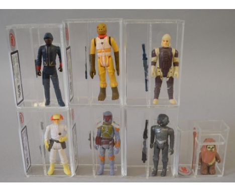 Seven Kenner Star Wars 3 3/4" action figures, all UKG graded: Bossk, UKG 80%; Dengar, UKG 90%; Bespin Security Guard, 85%; Cl