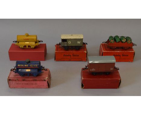 O gauge, Hornby: Petrol Tank Wagon 'Esso'; Petrol Tank Wagon 'Redline'; Brake Van GW in plain card box; Barrol Wagon; No. 1 G