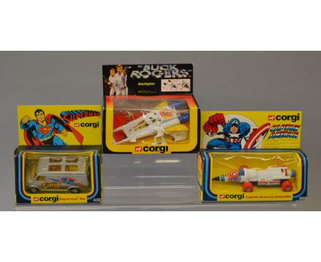 Three boxed Corgi Toys, 435 'Superman Van' in silver, 647 'Buck Rogers Starfighter' and 263 'Captain America Jetmobile', all 