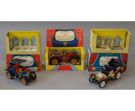 Three boxed Schuco Old Timer clockwork model cars of tinplate and plastic construction, 1225 Mercer, 1228 Opel and 1229 Merce