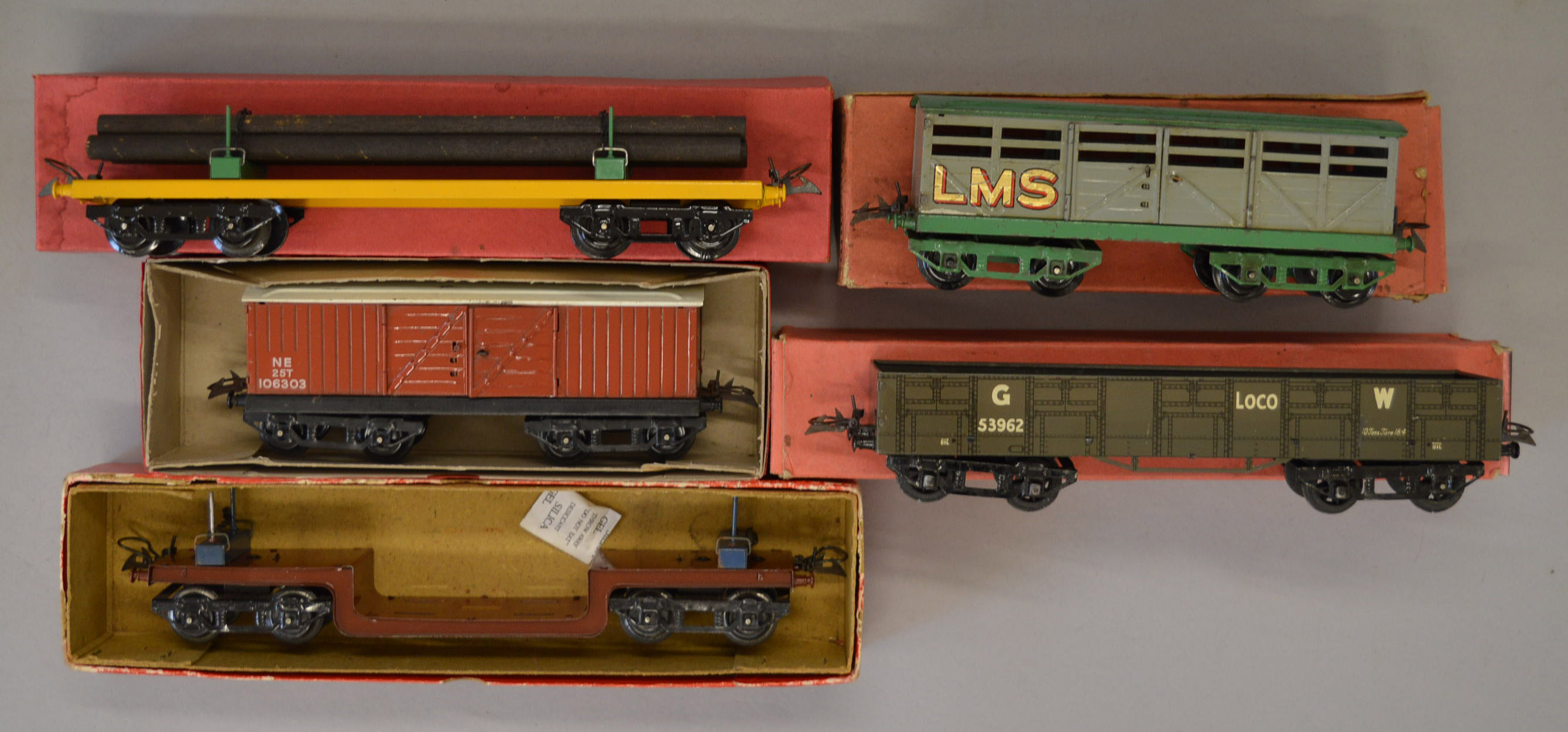 O gauge, Hornby: No. 2 Cattle Truck, LMS (gold lettering); No. 2 Lumber ...