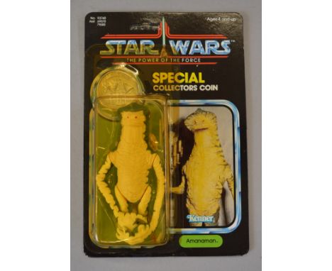 Kenner Star Wars Power of the Force 3 3/4 inch action figure Amanaman on 92 back card with collectors coin. Card is VG, creas