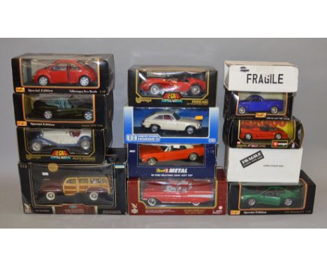 Thirteen boxed diecast models in a variety of scales from 1:18 to 1:43 by Maisto, Bburago, Signature and others including a R