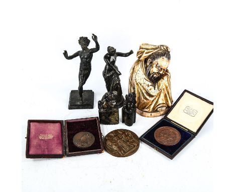 A mixed lot, including 2 patinated Classical bronzes, largest height 17cm, 3 x 19th century bronze medallions etc 