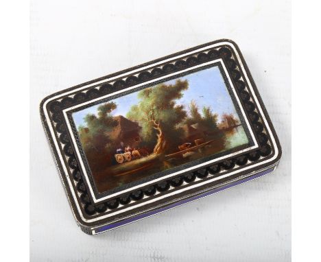 18th/19th century unmarked silver and coloured enamel snuffbox, the lid having a hand painted enamel rural landscape panel, 9