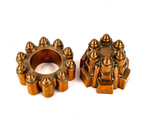 2 Victorian copper jelly moulds, by W M Still & Co of London, both dated 1903, with stamped British Broad Arrow no. 53, open 