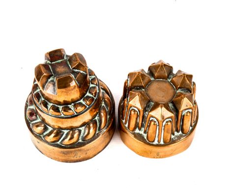 2 Victorian copper jelly moulds, by Benham & Froud, with orb and cross mark, model nos. 479 and 492, largest height 14.5cm (2