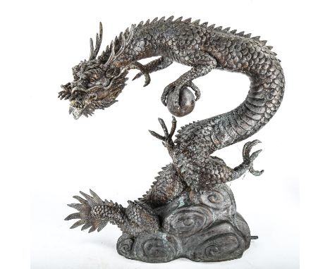 A Chinese grey patinated bronze dragon design water feature, height 59cm 