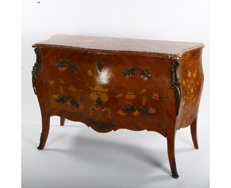 A French kingwood 2-drawer bombe commode, with inlaid floral marquetry, ormolu mounts and shaped marble top, width 124cm, hei