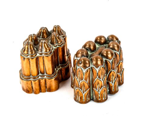 2 Victorian copper jelly moulds, both unmarked, model no. 616, largest length 15.5cm, height 12cm (2)Example with 6 pointed t