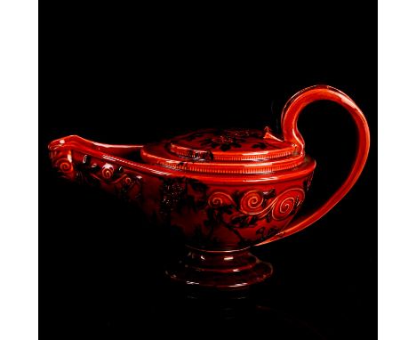 GEORGE JONES for MELROSE WARE - a Victorian red glaze earthenware pottery oil lamp, circa 1898, listed in George Jones Cerami