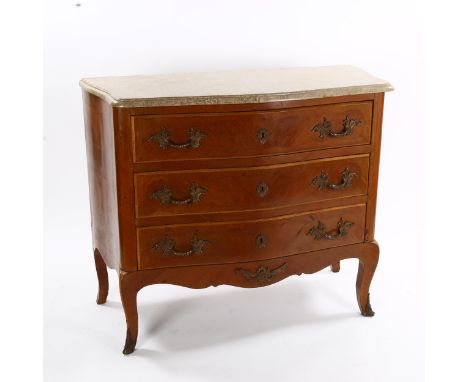 A French walnut serpentine-front 3-drawer commode with grey marble top, width 104cm, height 85cm 