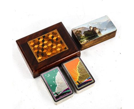 A Tunbridge Ware playing card box, with cube parquetry decorated lid, 10.5cm x 8.5cm, containing 2 small-size sets of cards, 