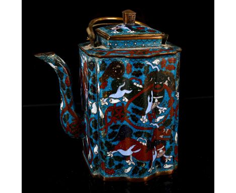 A Chinese cloisonne enamel teapot with serpentine-shaped surround, decorated with dragons, height 19cm 