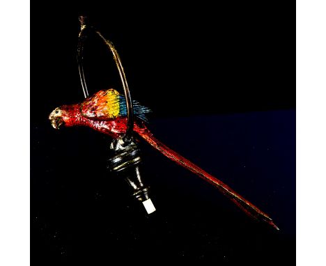 A cold painted bronze novelty figural parrot bell-push, circa 1900, unsigned, hoop diameter 9cmHoop slightly bent out of shap