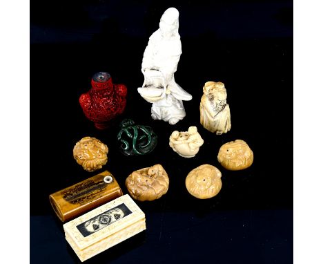A group of Oriental items, including a blanc de chine figure, height 13cm, a carved nut netsuke etc 