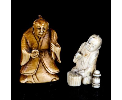 2 Japanese carved ivory figural netsuke, largest height 5cm 