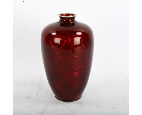 A Japanese metal and red enamel vase, signed under base, height 18cm 