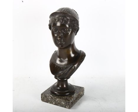 19th century patinated bronze Classical style bust on marble base, unsigned, height 28cm 