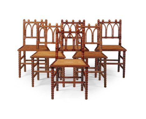 SET OF SIX SCOTTISH GOTHIC STYLE BOBBIN-TURNED SIDE CHAIRS EARLY 19TH CENTURY the square backs with triple arch splats with b