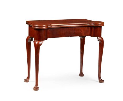 GEORGE II MAHOGANY CARD TABLE  MID 18TH CENTURY the fold-over top with outset rounded corners opening to a green baize lined 