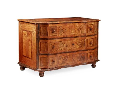 SOUTH GERMAN WALNUT, FRUITWOOD, PARQUETRY AND MARQUETRY SERPENTINE COMMODE 18TH CENTURY the crossbanded top centred by a cart