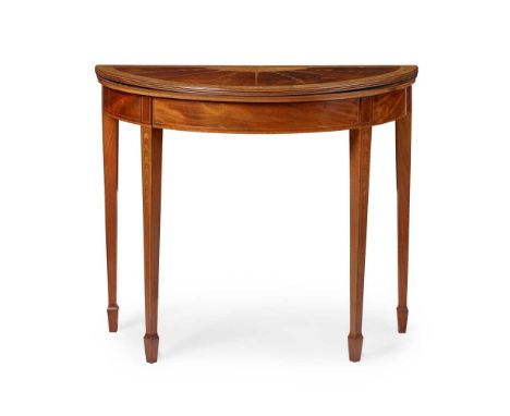 GEORGIAN STYLE MAHOGANY AND MARQUETRY DEMILUNE CARD TABLE 20TH CENTURY  the fold-over top inlaid with a fan medallion and har