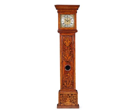 QUEEN ANNE WALNUT AND MARQUETRY LONGCASE CLOCK, BY NATHANIEL BIRT, LONDON EARLY 18TH CENTURY the hood with a flat moulded cor