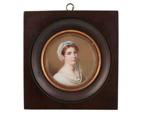 Y FRENCH SCHOOL PORTRAIT MINIATURE  LATE 18TH CENTURY  circular, watercolour and body colour on vellum, the sitter a young wo