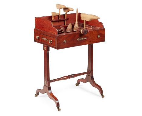 RARE REGENCY MAHOGANY SLIPPER-MAKER'S WORK TABLE EARLY 19TH CENTURY the removable lift-off tray top revealing a three quarter