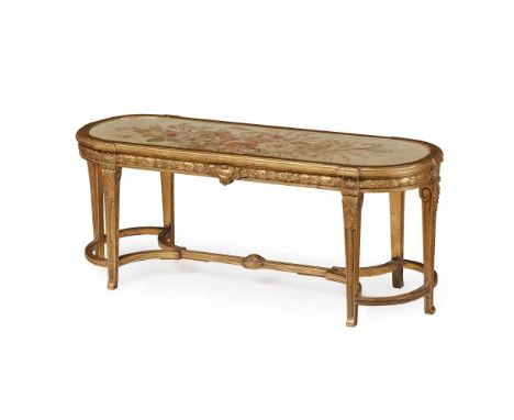 LOUIS XVI STYLE GILTWOOD AND AUBUSSON LOW TABLE EARLY 20TH CENTURY the oval top with an insert Aubusson floral tapestry panel