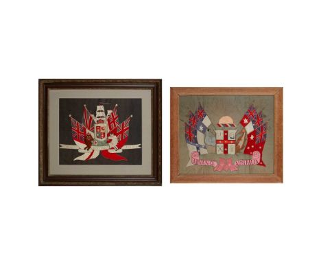 TWO LARGE PATRIOTIC NEEDLEWORK PICTURES EARLY 20TH CENTURY the first with an Australian coat-of-arms against six flags and a 