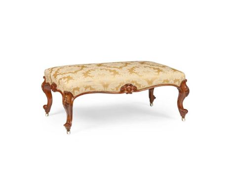 VICTORIAN WALNUT CENTRE STOOL  MID 19TH CENTURY the padded seat upholstered in gold damask fabric, in a scrolling frame carve