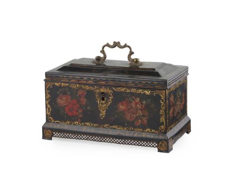 PAINTED AND GILT TOLEWARE TEA CADDY EARLY 19TH CENTURY of rectangular form with a brass c-scroll swing handle, painted with f