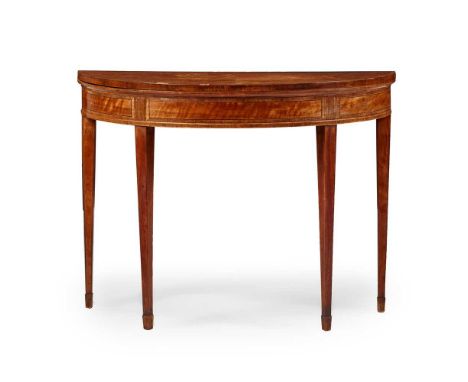 GEORGE III SATINWOOD INLAID DEMILUNE CARD TABLE LATE 18TH CENTURY the quarter-veneered and crossbanded fold-over top opening 