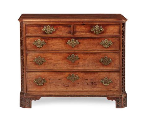 EARLY GEORGE III MAHOGANY CHEST OF DRAWERS MID 18TH CENTURY the top with a moulded edge and canted corners above a pair of sh