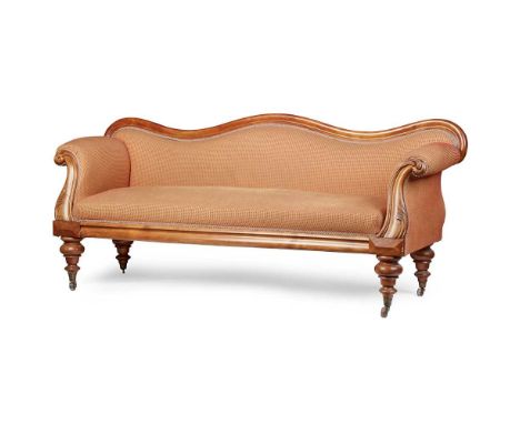 EARLY VICTORIAN MAHOGANY SOFA MID 19TH CENTURY the padded back with a serpentine top rail above a long padded seat flanked by