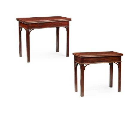 MATCHED PAIR OF GEORGE III MAHOGANY CARD TABLES MID 18TH CENTURY the fold-over tops opening on single gate legs, one with a g